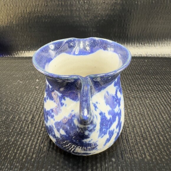 Vintage Miniature Cobalt Blue White Spongeware Pottery Stoneware Hanging Pitcher - Picture 8 of 11